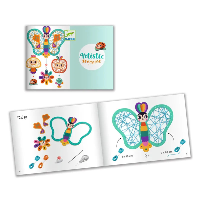 A string art kit titled "Djeco Artistic String Art Garden" featuring kawaii decorative hanging designs with colorful illustrations of a butterfly, owl, and apple. An open instruction booklet shows a butterfly design named Daisy, thread measurements, and materials needed for the project using pre-punched cards.