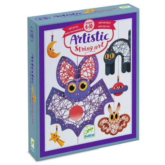 A boxed Djeco Artistic String Art Night-Time kit for ages 6-10. The packaging showcases finished night-themed decorative hanging designs, featuring a bat, an owl, two moons, and a star. It is predominantly blue and purple with a clear plastic front that displays the contents such as the round-tipped needle.