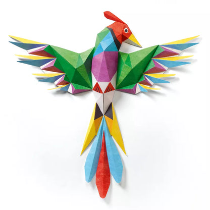 A colorful Djeco Paper creations - Amazonie bird on a white background.