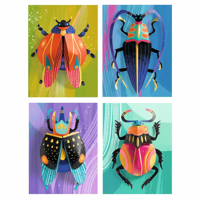 Four different types of Djeco Paper Creations Paper bugs on a colorful background.