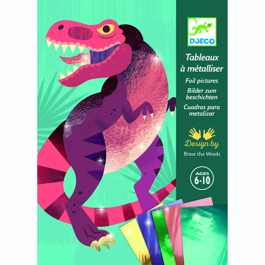 A colorful card with a Djeco Foil Pictures Jurassic on it featuring pre-glued surfaces.