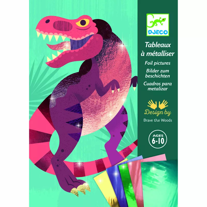 A colorful card with a Djeco Foil Pictures Jurassic on it featuring pre-glued surfaces.