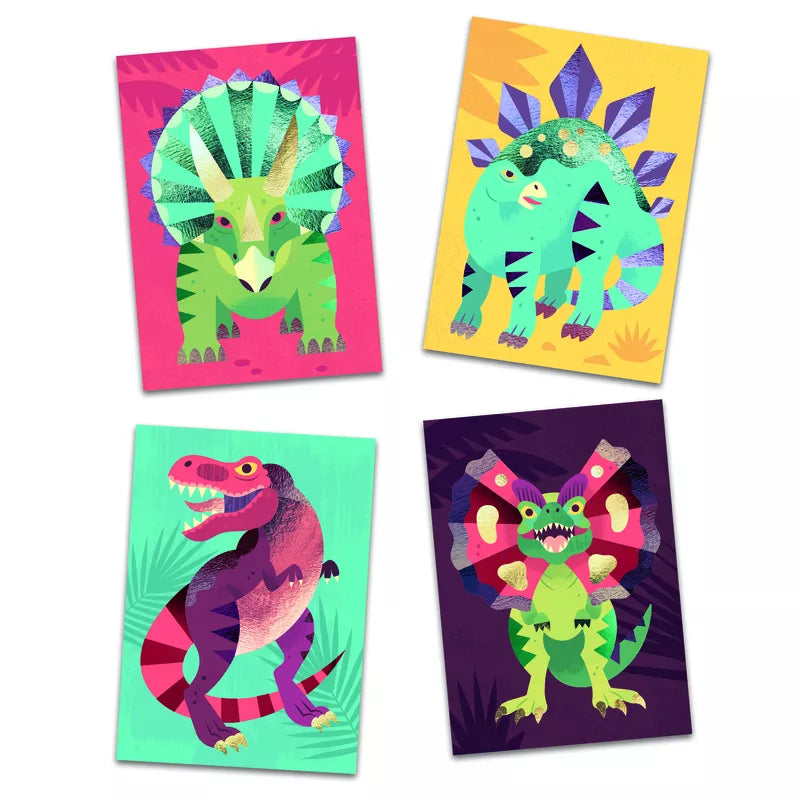 Four Djeco Foil Pictures Jurassic cards, featuring metal foil accents.