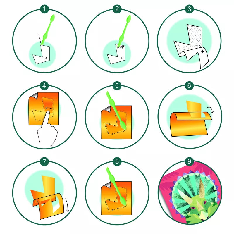 A diagram outlining the construction of a Djeco Foil Pictures Jurassic mask using metal foil and pre-glued surfaces.