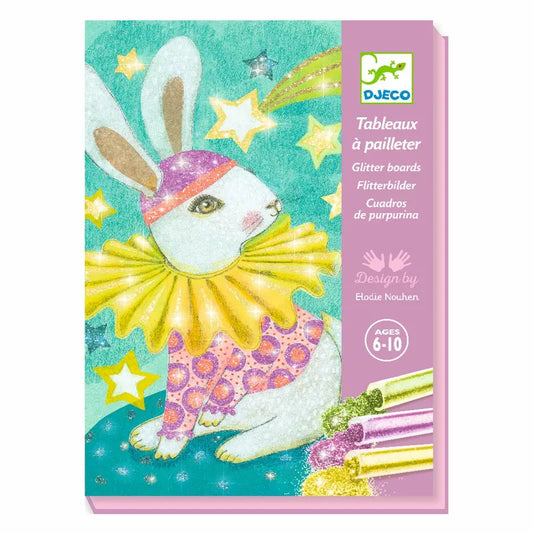 A Djeco Glitter Boards Carnival of the Animals card with a glittery image of a bunny in a cute bunny costume.