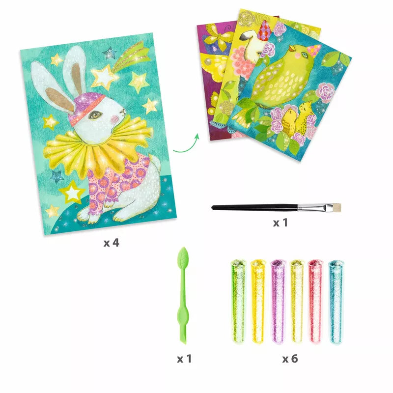 A set of Djeco Glitter Boards Carnival of the Animals paints and brushes with a bunny toy, perfect for children.
