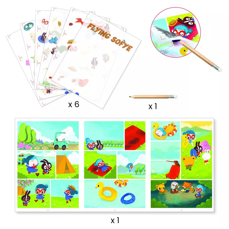 A Djeco Decals Flying Sofye set of coloring books and pencils featuring a picture of a cartoon character.