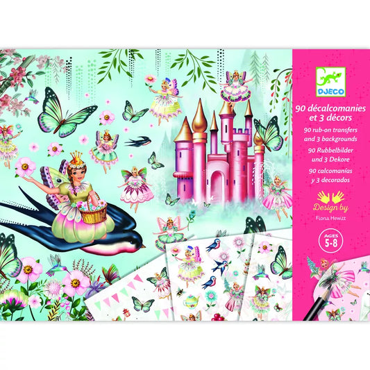 A toy box of Djeco Decals In Fairyland with butterflies and a castle background.