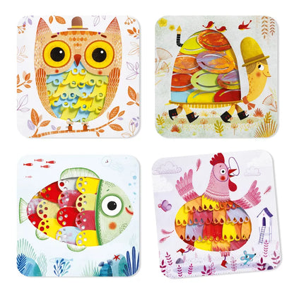 A set of four Djeco Sponge Painting coasters with an owl, fish, and bird design.
