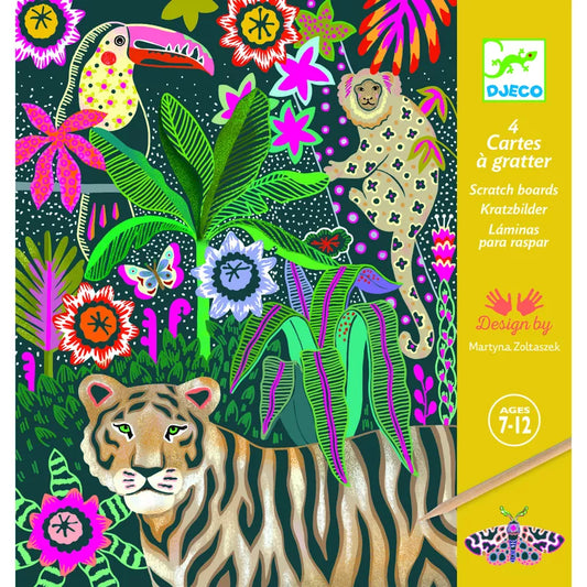 A Djeco Scratch Cards Rococo with a tiger and flowers that comes with a wooden stylus.