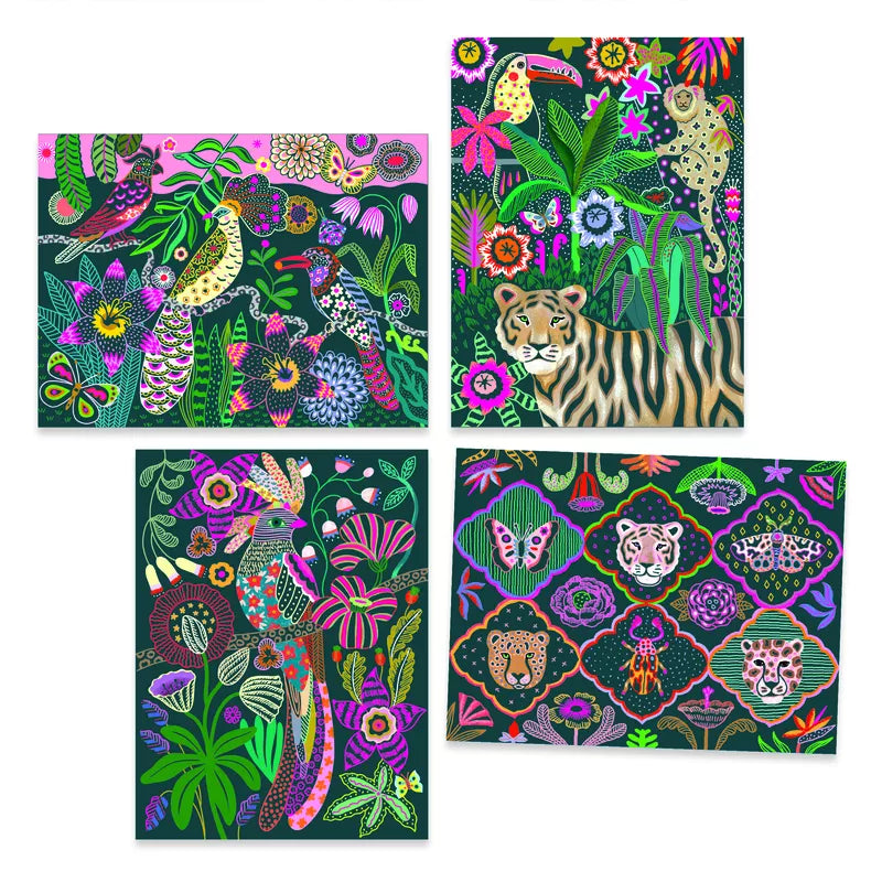 A set of four Djeco Scratch Cards Rococo cards with a tiger, a tiger, a tiger, and fluorescent scratch cards.