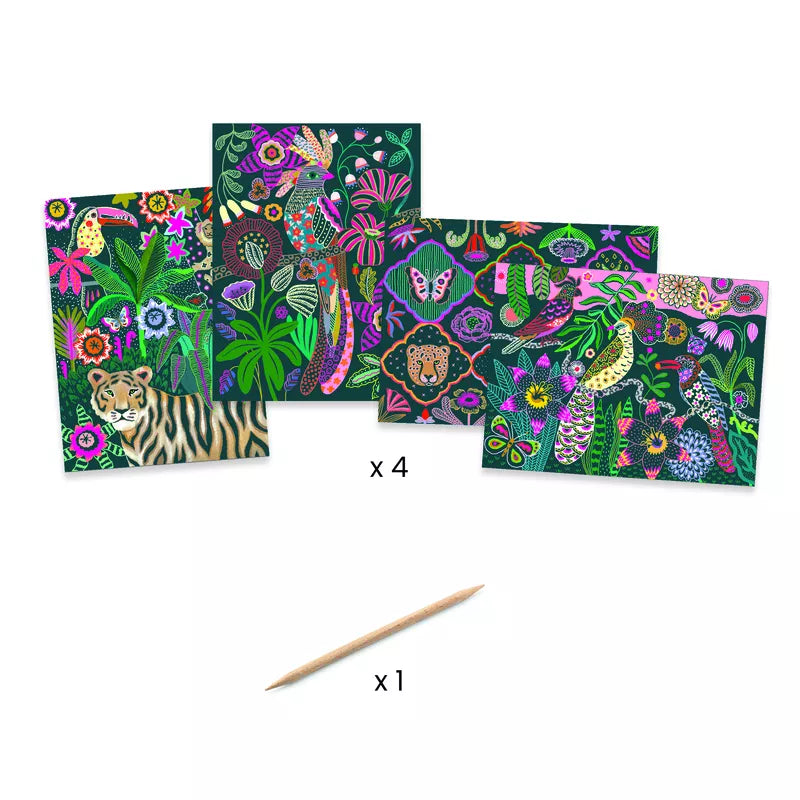 A set of Djeco Scratch Cards Rococo with a wooden stick.
