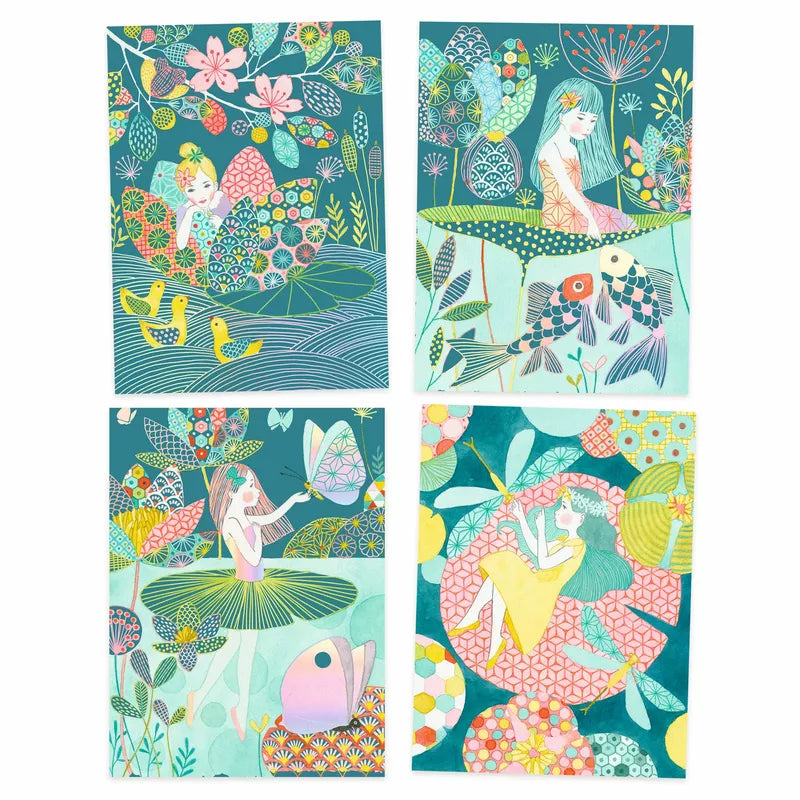 A set of four Djeco Scratch Cards The Pond featuring a girl in a flower garden with iridescent reflections.