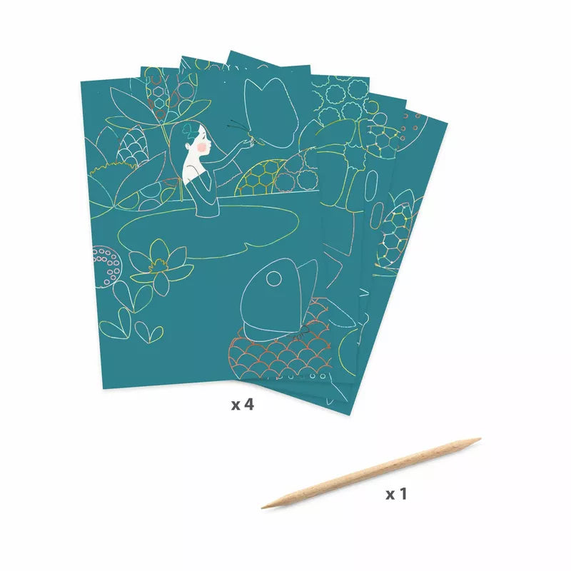 A set of Djeco Scratch Cards The Pond with a pencil and a toothpick, showcasing iridescent reflections.