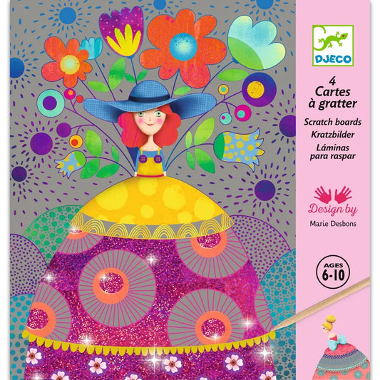 A Djeco Scratch Cards The Beauties' Ball with an illustration of a girl in a dress, designed for children.