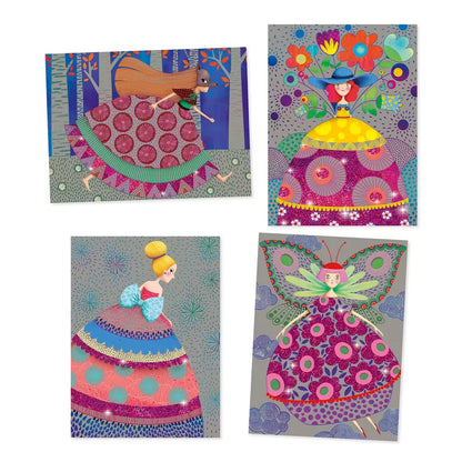 A set of four Djeco Scratch Cards The Beauties' Ball with a fairy in a dress, designed for children.