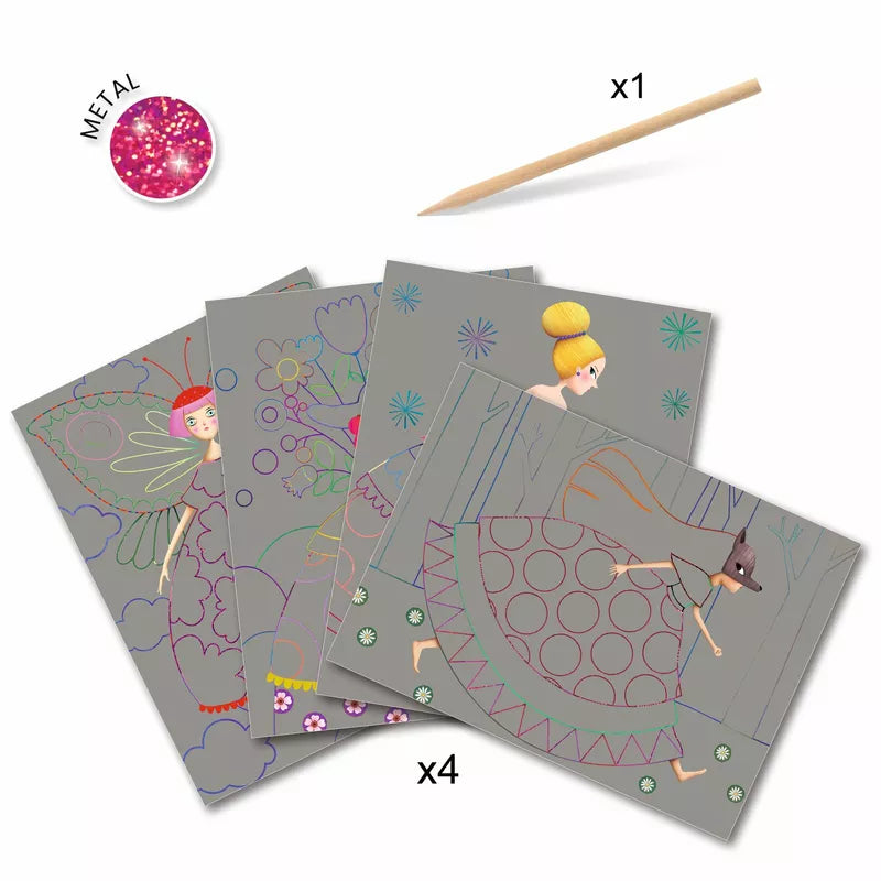 A set of Djeco Scratch Cards The Beauties' Ball with scratch board patterns, a pencil, and a set of tweezers for children.