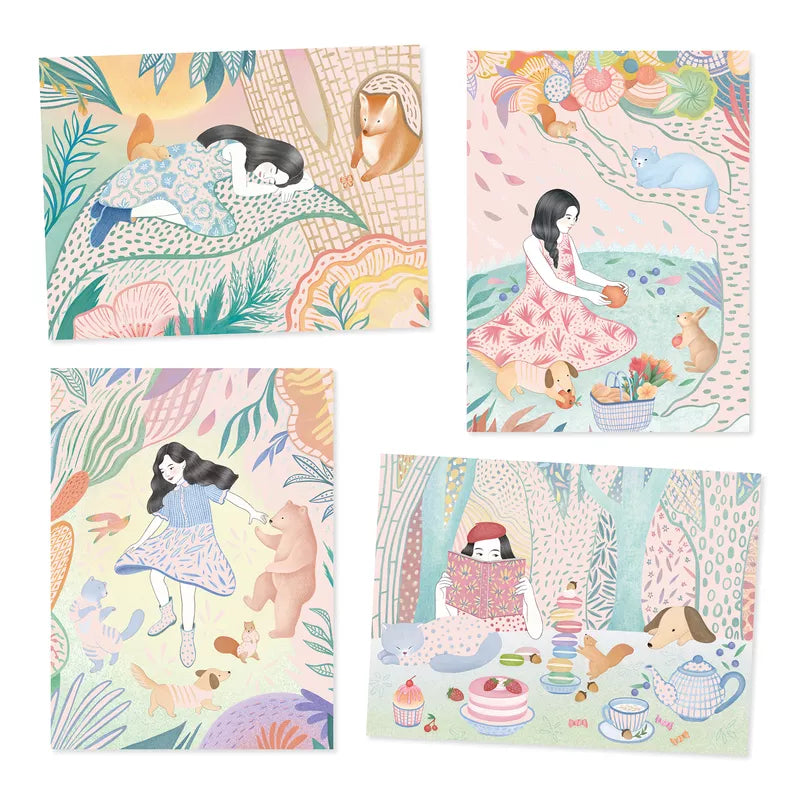 A set of Djeco Scratch Cards The Picnic with illustrations of a girl and a dog.