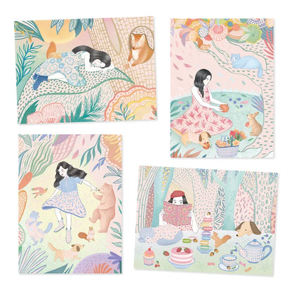 A set of Djeco Scratch Cards The Picnic with illustrations of a girl and a dog.