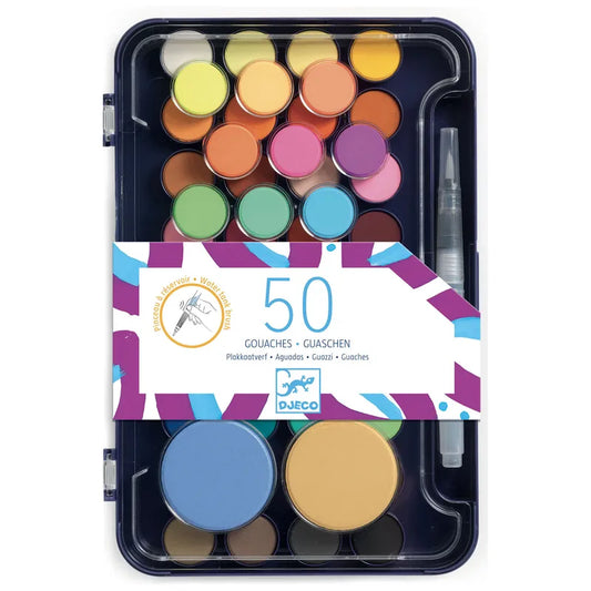 A set of 50 Djeco Watercolours Palettes – Artist’s Palette in various colors, presented in a plastic case. The palette includes a water brush and iridescent colors, with the label displaying text and a logo. The packaging features a mix of solid, vibrant hues on the outer design.