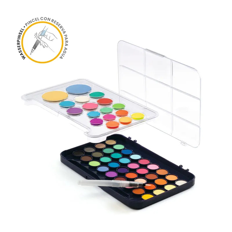 The Djeco Watercolours Palettes- Artist’s Palette is shown, featuring two trays with vibrant shades. One tray includes 12 solid colors, while the other boasts 28 colors, including some iridescent ones. A water pen is included, and the set comes with a transparent lid that doubles as a mixing palette.