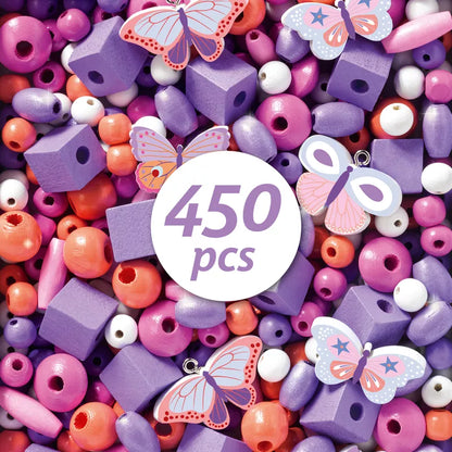 A pile of purple and orange Djeco Wooden Beads Buterflies.