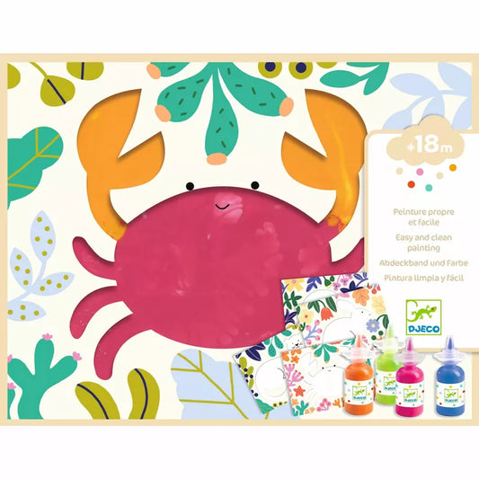 An image of a crab with a flower and leaves on it, designed for Djeco Clean Paint Ocean set for children.