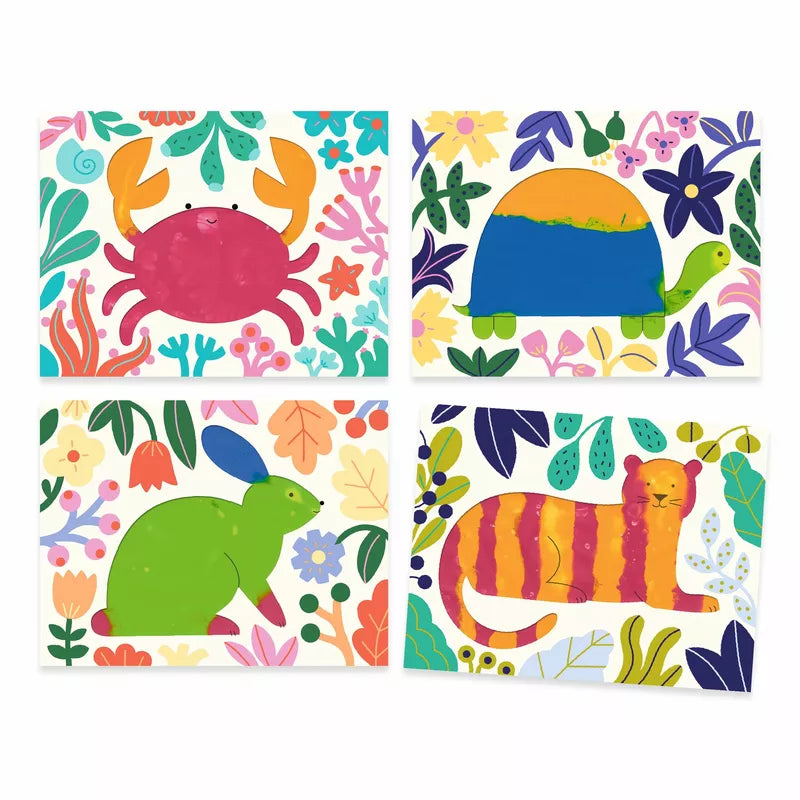 Four Djeco Clean Paint Ocean cards with animals and flowers on them for children.