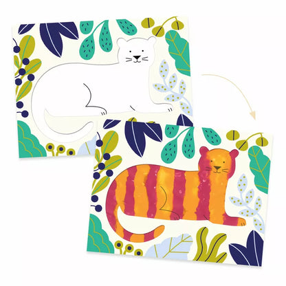 Two Djeco Clean Paint Ocean cards with a cat and leaves on them, part of a mess-free painting set for children.