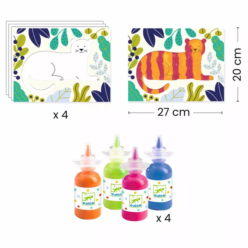 A group of Djeco Clean Paint Ocean bottles from a painting set next to a picture of a cat, perfect for children.
