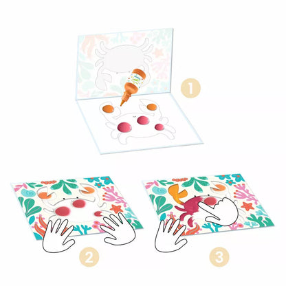 A set of instructions for making a mess-free card with a crab on it, designed for children using Djeco Clean Paint Ocean.