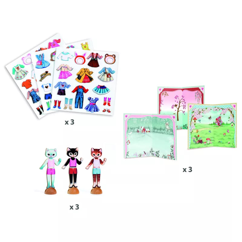 A Djeco Collage Little Wardrobe activity set with cards, stickers, and a doll toy.