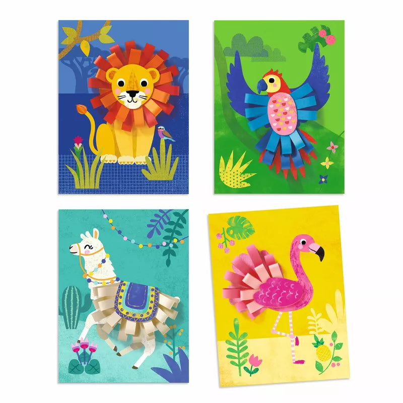 Four Djeco Collages cards with small loops featuring animals and birds.