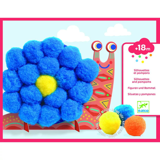 A picture of Djeco Collages – Gros pompons with a blue flower and yellow center by Djeco.