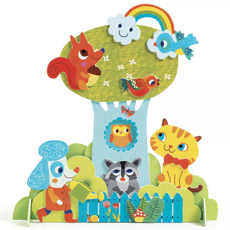 A group of Djeco Collages Garden Pals animals standing next to a tree by Djeco.