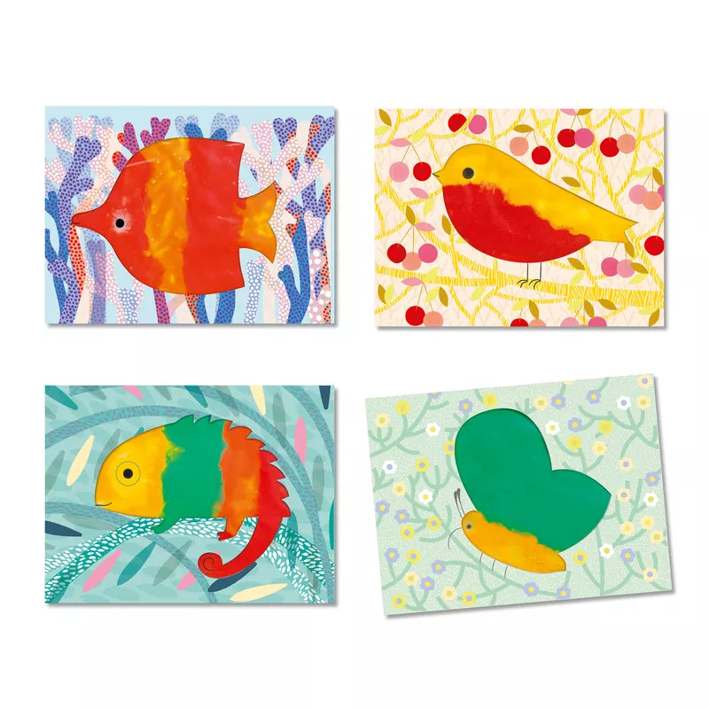 Four colorful paintings of birds and fish created using Djeco Squirt and Spread Paint on a white background.