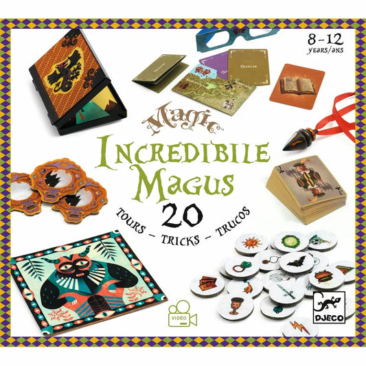A picture of a Djeco Magic Incredibile Magus magazine cover with many items.