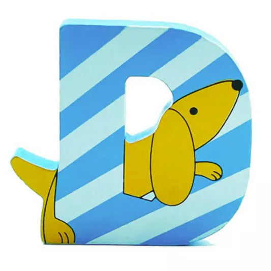 A Wooden Letter Animal – D with a cartoon dog on it.
