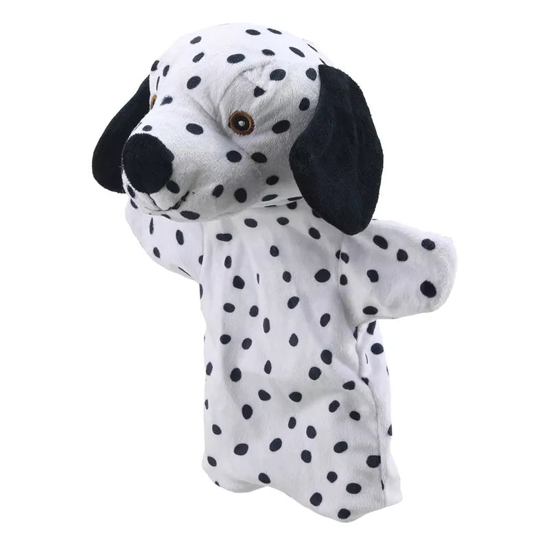 An ECO Puppet Buddies Dalmatian Hand Puppet with black spots.