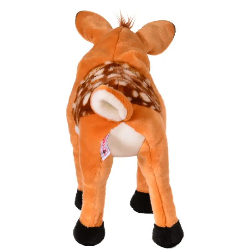Rosaline the Deer Large Hand Puppet is shown from behind, featuring orange-brown fur with white spots, black hooves, and a curled-up tail. A tag is visible on the left side of this plush puppet—perfect as a storytelling or therapeutic companion for imaginative play and comfort.