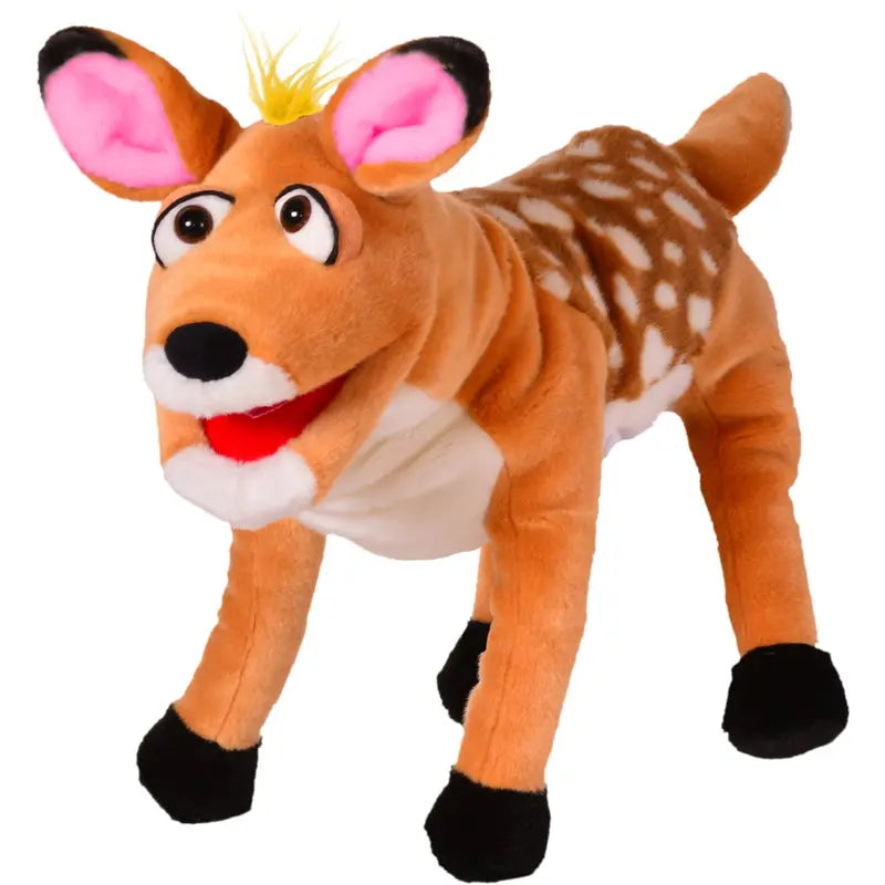 Rosaline the Deer Large Hand Puppet features a charming cartoonish design with big eyes, spotted brown fur, a white belly, black hooves, and pink inner ears. Standing on four legs, this plush puppet is perfect for engaging children in playful storytelling and imaginative adventures.