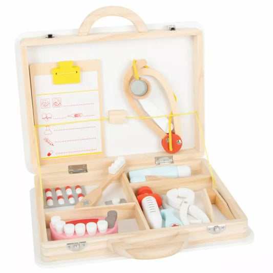 A wooden case filled with the Doctor and Dentist Set and Accessories.