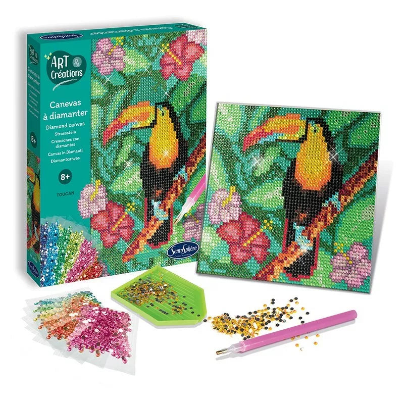 A Sentosphere Diamond Canvas Toucan with flowers.