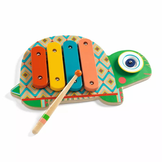 A wooden toy turtle with a Djeco Animambo Cymbal & Xylophone - FSC 100%.