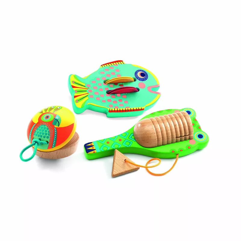 A Djeco wooden toy with a fish and a Djeco fish toy.
