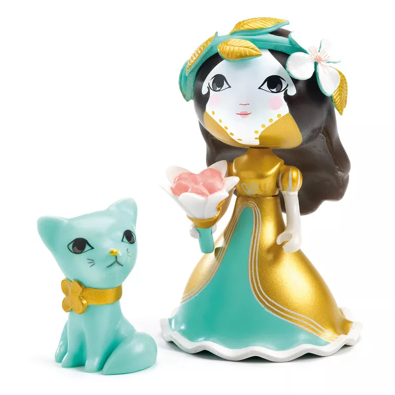 Djeco Arty Toys Eva & Zecat is a figurine of a woman holding a flower next to a cat.