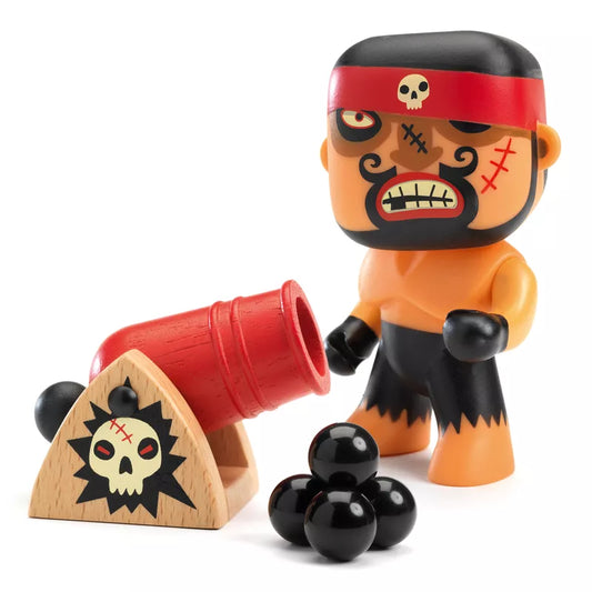 A Djeco Arty Toys Rick & Boumcrack wooden toy with a pirate figure next to it.