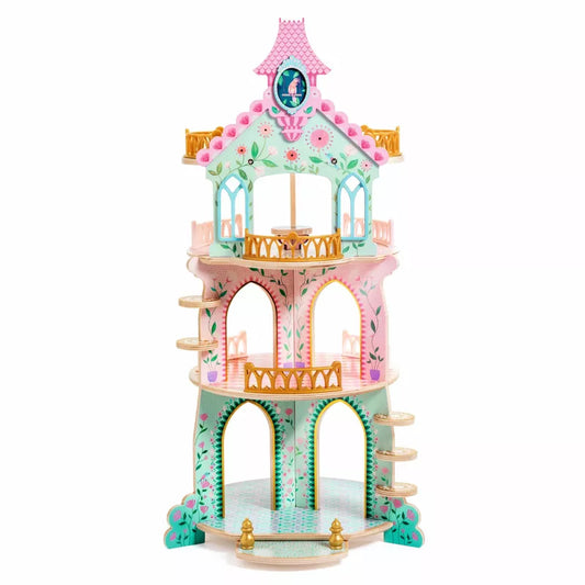 A Djeco Arty Toys Ze princess Tower with a clock on top of it.