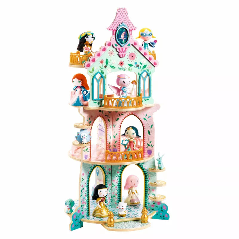 A Djeco Arty Toys Ze princess Tower with many different characters.