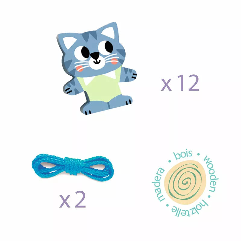 A set of Djeco FilaFriends Toy threading beads with a blue kitty on them designed to enhance fine motor skills.